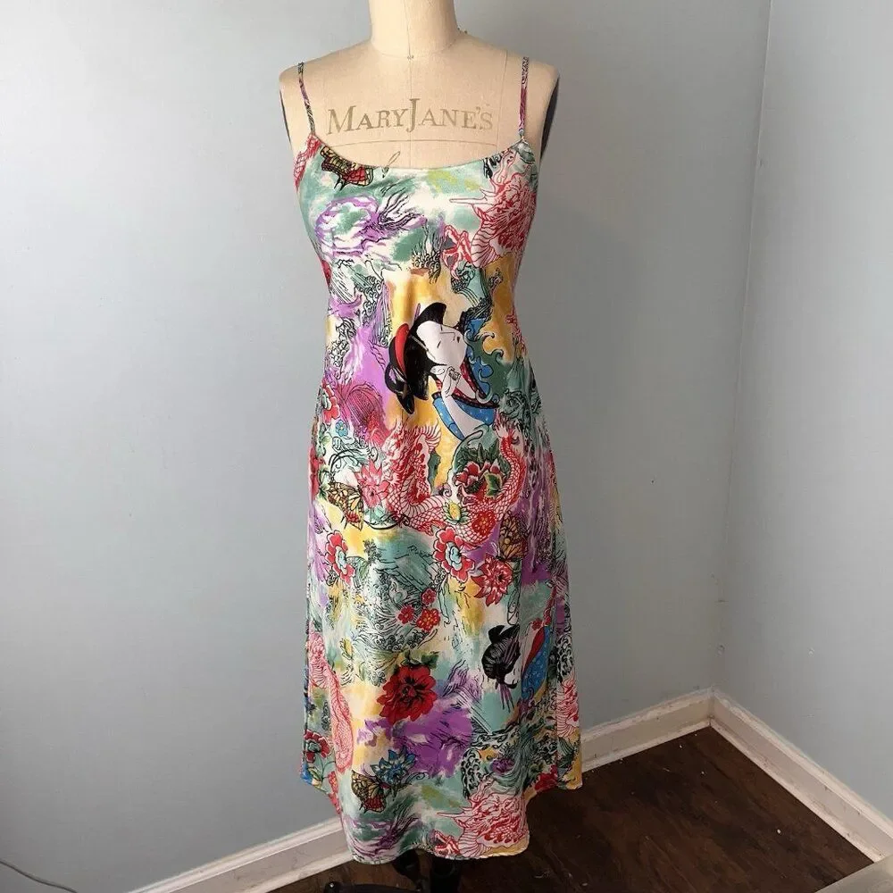 NATORI Iconic vintage GORGEOUS bias satin slip dress nightgown Geisha dragon S